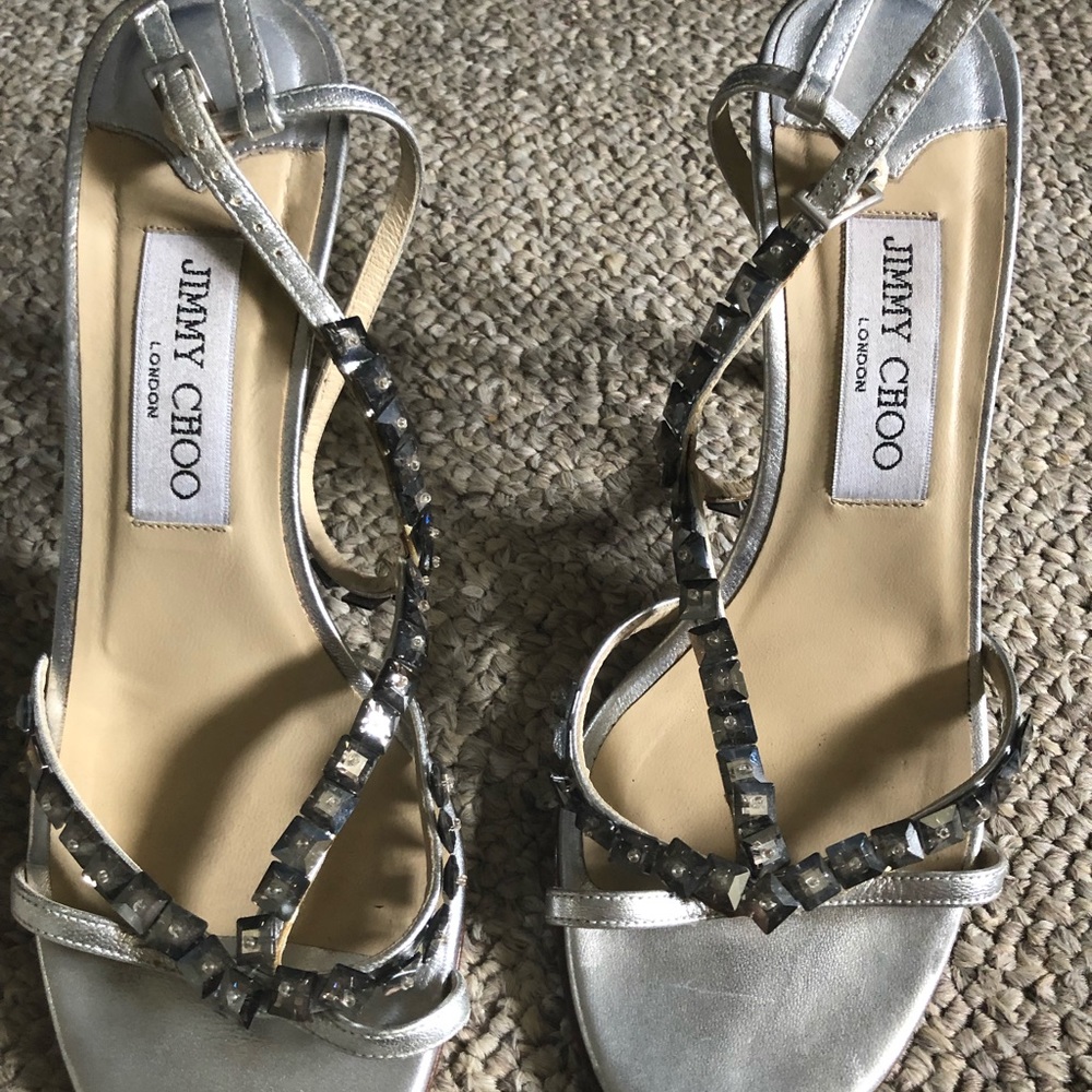 Jimmy Choo Silver t-strap heels with crystals
